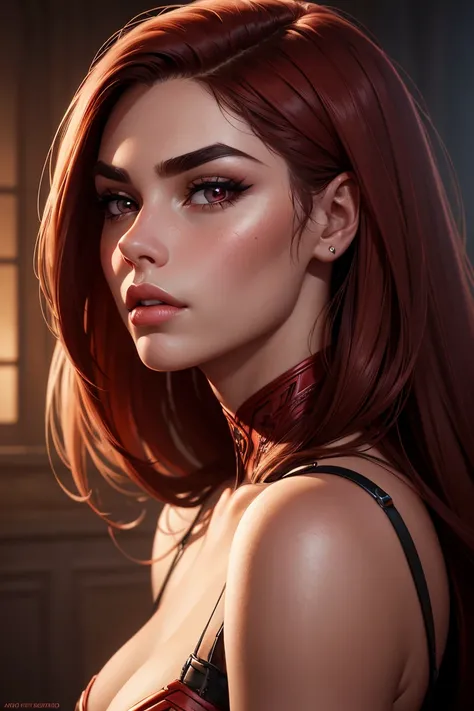 A portrait of a beautiful young woman with red skin, large almond shaped eyes, full lips, small nose, high cheekbones, thick eyebrows, sharp features, hyperrealistic digital artwork, trending on ArtStation, extremely detailed, ultra high resolution, 8k