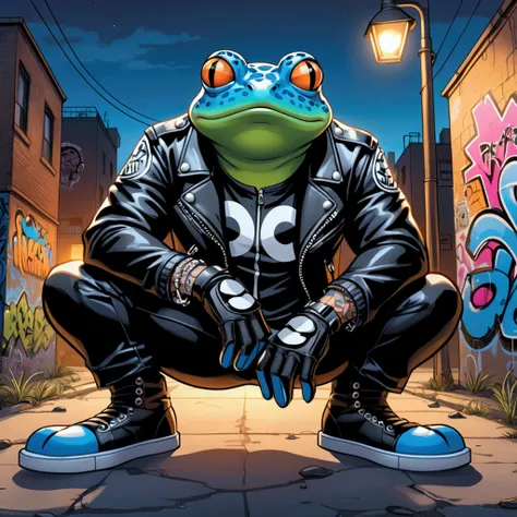 Closeup, A comic book style illustration of an extremely badass anthropomorphic light blue and white bullfrog wearing an insanely cool black leather biker jacket open, black shirt, black leather biker gloves, black leather biker pants, dynamic pose. The ba...