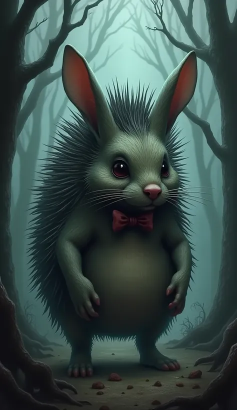 A hedgehog rabbit hybrid, digital art A horror hedgehog rabbit hybrid wearing a bowtie, in the forest