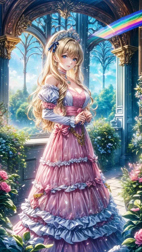 (8k,  top quality,  masterpiece  : 1.2),  ultra high definition ,,  Marie Antoinette ,  super detailed face ,fine grain,  entrance to the castles basement slightly ,( blonde alone), long hair, Wavy hair in front of the station , break,Rococo Ruffle Dress,L...