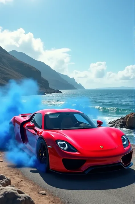 Red porshe infront of sea release blue smoke