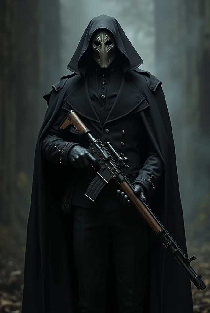 Dnd shadar kai male dressed in a black victorian style short coat, a hood on the head and a smooth silver Mask on his face, holding a rudimental rifle 