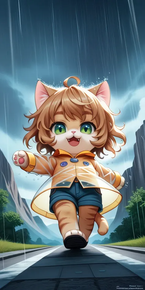 heavy storm,wind,(heavy rain:1.3), (big raindrops:1.4), (rainy sky),(many Circular ripples:1.3) of rain. 1girl/((catgirl:1.3),(furry:1.2),kemono,(chibi:1.2),cat ear,cat eye,cute, kawaii,hair floating, hair shining brightly, curly hair, short hair, messy ha...