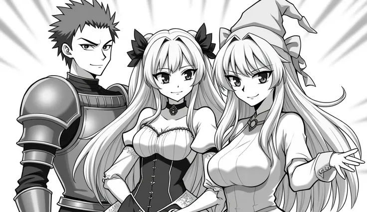 Style and Type: Black and white manga-style illustration. featuring three characters. On the left, a male character with short, spiky hair, angry expression and a confident smile wears a medieval-style armor with a large shoulder pad and holding a sword. a...