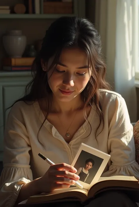  25 year old mom from Kazakhstan looking at a journal which has a photo of a   wearing a shirt