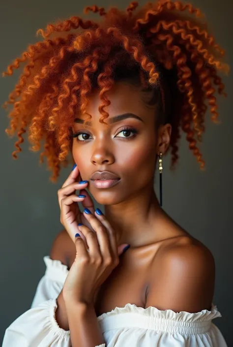 a woman with a red afro with a white top and a blue mani, a portrait inspired by Nyuju Stumpy Brown, featured on instagram, renaissance, curly bangs and ponytail, curly copper colored hair, curly messy high bun hairstyle, natural hair, with textured hair a...