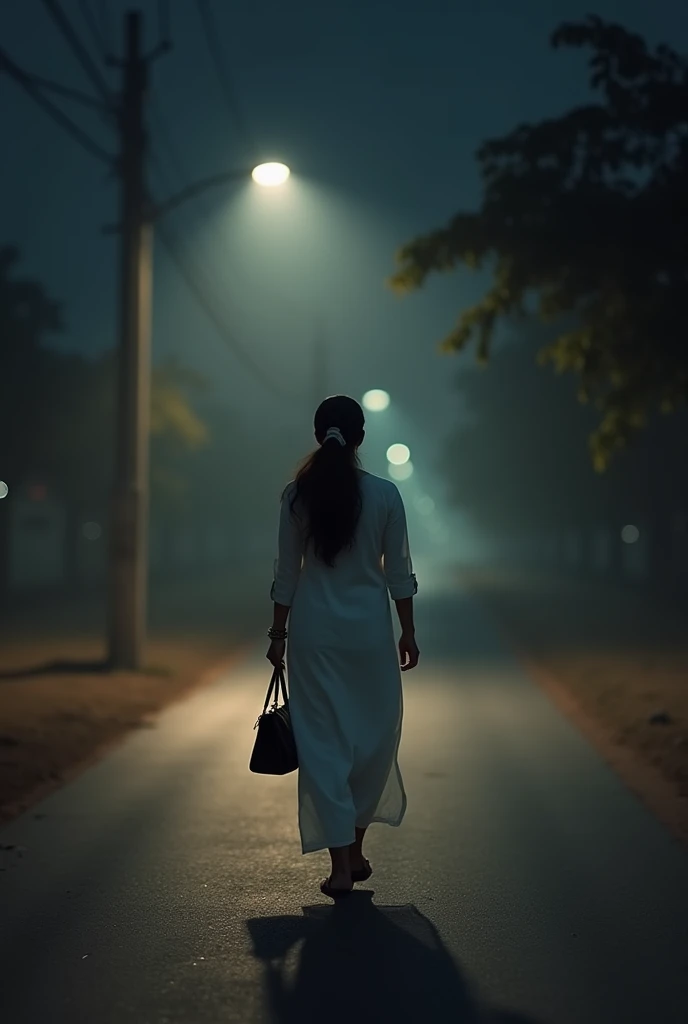 Indian only a 
women with white kurata walk on road in night on road lamp light in white colour and women take a bag in Black colour 