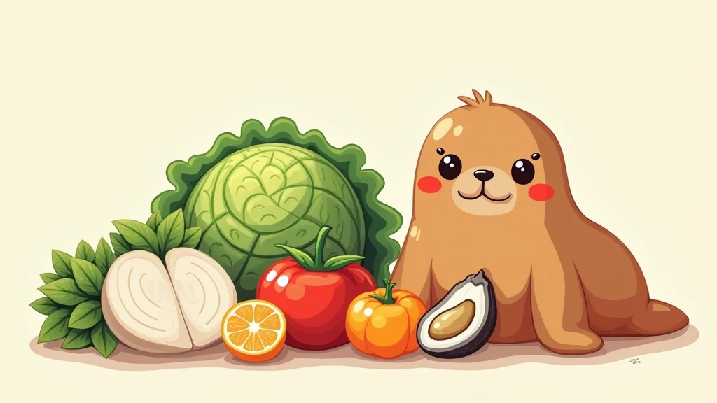 Chinese cabbage、Japanese white radish、oyster、 、persimmon、Mandarin oranges are placed 。 cute illustration of a walrus next to it