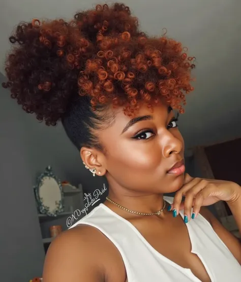 a woman with a red afro with a white top and a blue mani, a portrait inspired by Nyuju Stumpy Brown, featured on instagram, renaissance, curly bangs and ponytail, curly copper colored hair, curly messy high bun hairstyle, natural hair, with textured hair a...