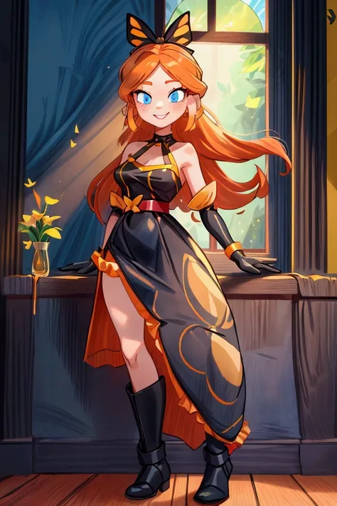 "Masterpiece, best quality, 1 girl, orange long hair, ponytail in hair, blue eyes, standing indoors with intricate details and sunlight. black and yellow frilled dress with short neckline, black gloves, black butterfly belt, earrings, black boots. Sweet sm...