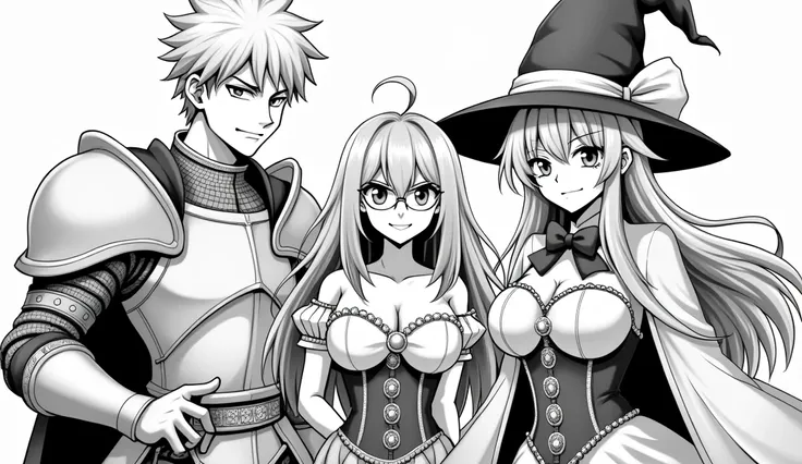 Style and Type: Black and white manga-style illustration. featuring three characters. On the left, a male character with short, spiky hair, angry expression and a confident smile wears a medieval-style armor with a large shoulder pad and holding a sword. a...