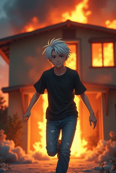 Sexy white haired anime boy wearing black tshirt and blue jeans rushes into the burning house