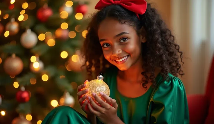 A radiant girl with glowing brown skin and curly dark hair tied with a red ribbon. She wears a green satin dress and sits elegantly by the Christmas tree, holding a glittering ornament and smiling warmly."