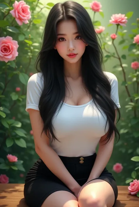 teen women long balck hair asian with big tits big white t-shirt and white bra black skirt sitting on bench at the garden.