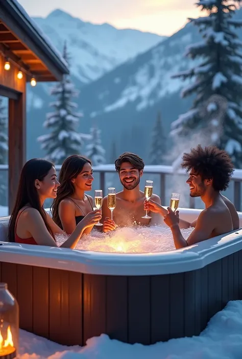 two girls, one brunette white and one black, and three white guys, drink champagne in a hot tub winter landscape