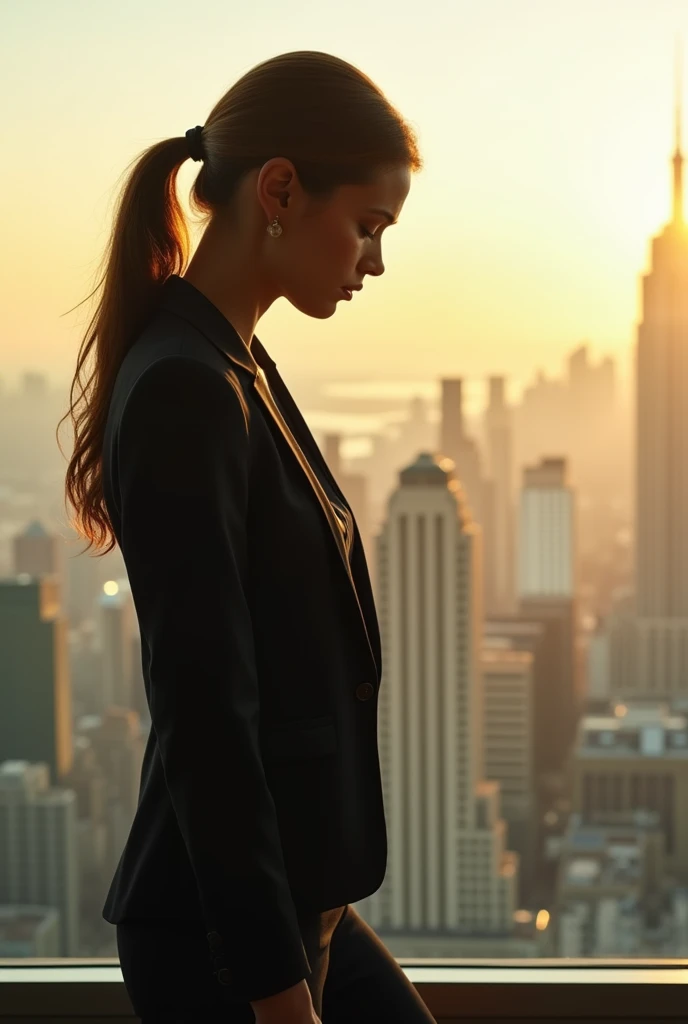 Give me a picture of young  lady thinking 
She is in the living room 
Stand up near the big window in the office upper storey 
Her head face down ward 
She wears a suit

Make it more realistic 
Camera more close to her 