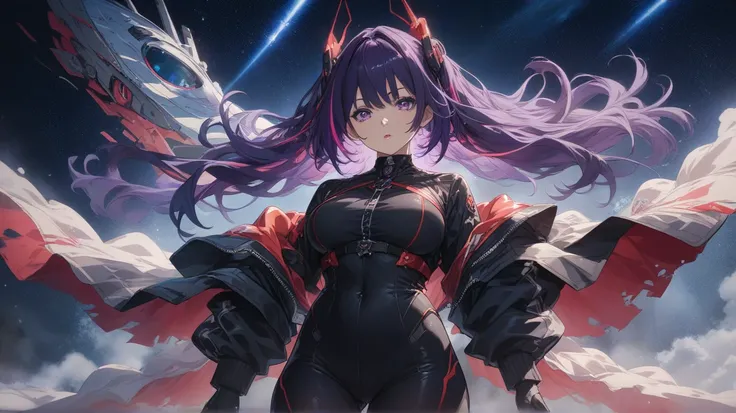 Long view shot Front straight view shot of a mysterious anime girl with long, dark violet hair cascading down her back, dressed in a sleek black buttoned shirt with subtle red piping and a high- tech collar that glows faintly. Soft light highlights her fac...