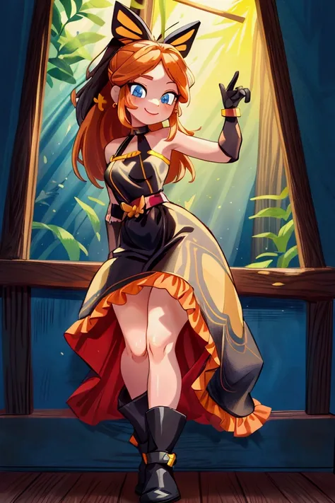 "Masterpiece, best quality, 1 girl, orange long hair, ponytail in hair, blue eyes, standing indoors with intricate details and sunlight. black and yellow frilled dress with short neckline, black gloves, black butterfly belt, earrings, black boots. Sweet sm...