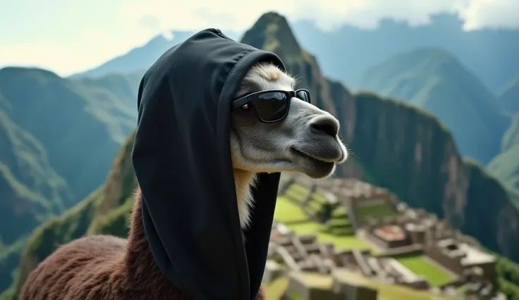 "A llama standing in Machu Picchu, intriguingly dressed in a black hood and sunglasses, fully visible with its entire body included. The scene is captured as a movie still, reflecting a sense of serene anarchy. The background of Machu Picchu is intentional...