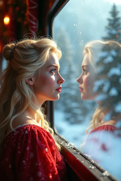 a beautiful blonde young woman riding on a magical Christmas fairy tale train, looking out the panoramic window, fabulous Christmas landscape, ultra-detailed, photorealistic, 8k, cinematic, dramatic lighting, vibrant colors, whimsical, fantasy, stunningly ...