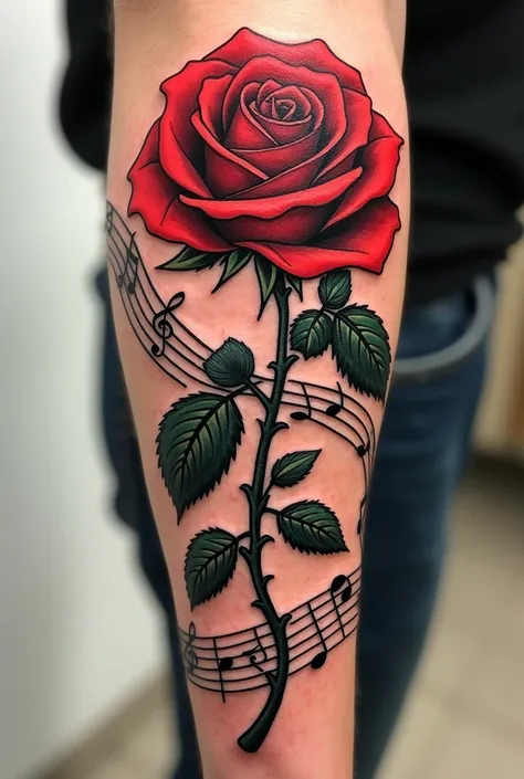 Create me a drawing for tattoo style ignorant , Let it be a rose wrapped around the arm and the branch of the rose be musical notes
