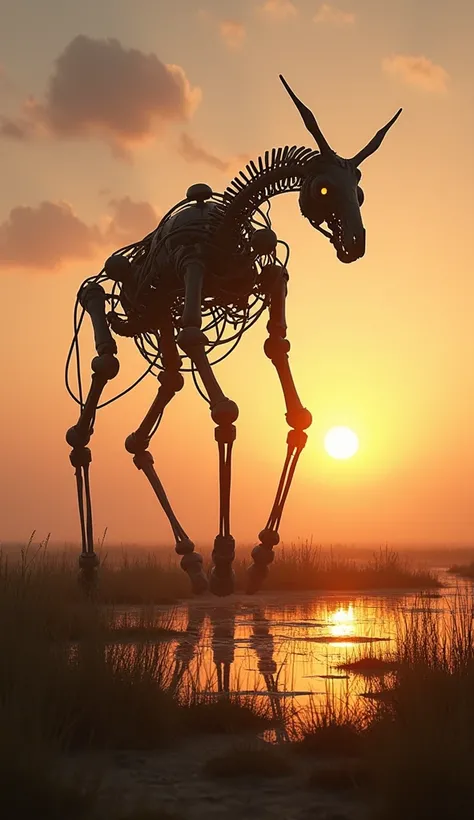 A glowing scene of a Strandbeest walking into the horizon with a serene sunset backdrop. Above