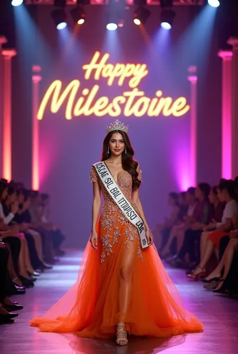 In the middle of the luxurious fashion show stage with colored lights with stands, clearly neon text  Selamat 28k members  bold embossed letters are visible, there is a full body of a beautiful young woman mahkota, a crown, a beautiful oval face, has a Mal...