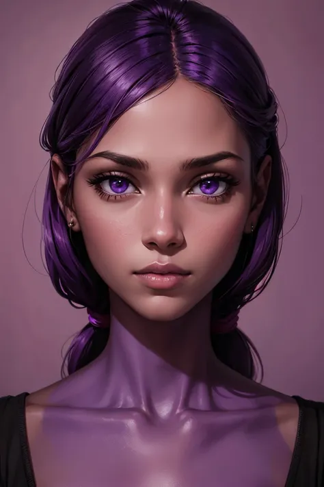 A portrait of a purple skinned woman