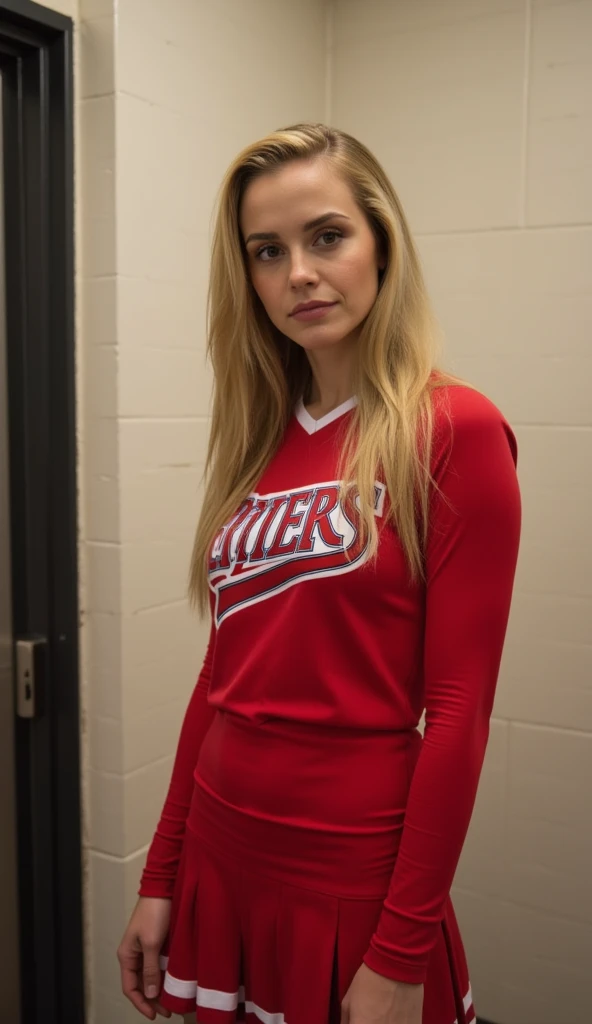  woman in front ， looks like the captain of the US NBA cheerleader ，Faithe Herman。 blonde hair，Wearing a red cheerleader uniform ， white pleated skirt ， in the dressing room of a school bathroom ，She looked at the ， and spoke with a sincere expression， The...