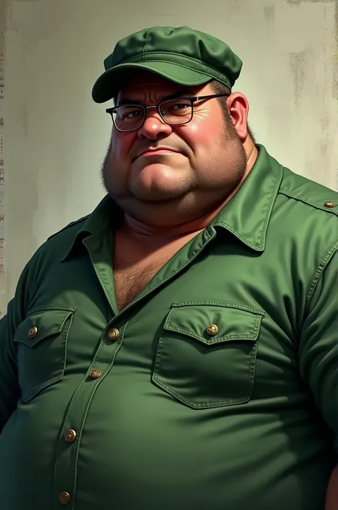 tough man, Wear a green shirt with glasses and a green hat, that is fat 