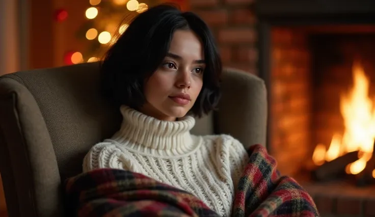 "A gentle young woman with short black hair, wearing a white knitted turtleneck dress. She is curled up in an armchair by the fire, wrapped in a plaid blanket, enjoying the cozy warmth of the Christmas evening."