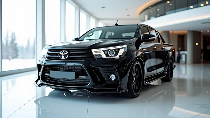 Front view of painted black with shiny (Toyota Hilux hybrid) sleek in large shape sedan in large size with (Toyota Hilux hybrid) logo on its large detailed grille in shiny white clour with angular sporty design captured from front view with modified sleek ...