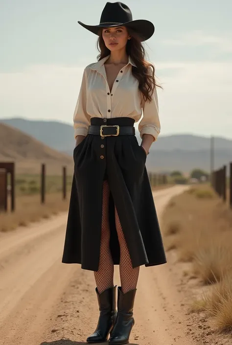 Generate an image of a cowgirl outfit 


Simple black high boots, skirt and fishnet socks

Make it modest