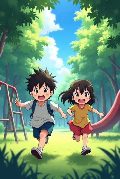 Anime picture of a playground with trees around it, with a boy and a girl running around.