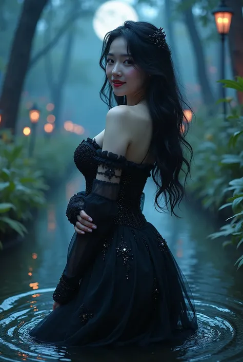 A beautiful korean gothic sexy buxom medium breast smiling seductive woman stands gracefully by a mystical spring in a vibrant, thick body, curvy body, curvy waist, big breast, white skin, exposed breasts,  dynamic seductive pose, fantasy world set within ...