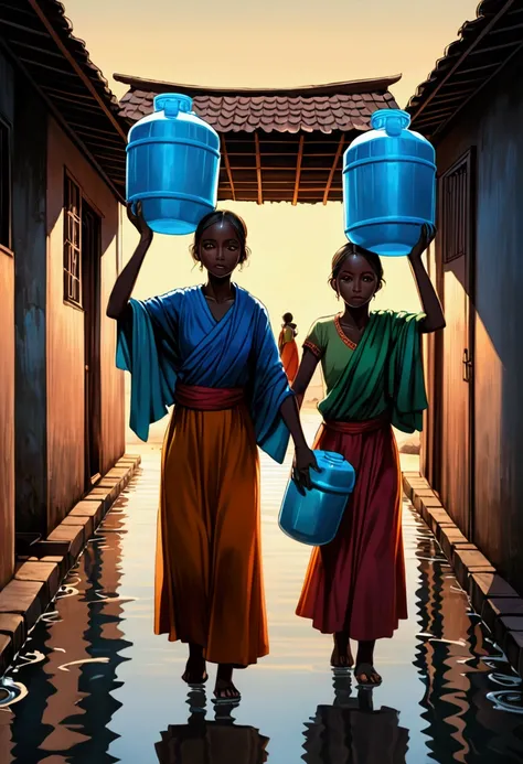 poor family carrying water in containers