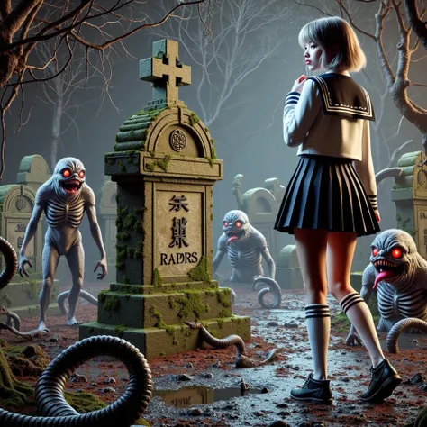 「 realistic art photo 。 a young woman in a sailor suit in a miniskirt standing in a dark and creepy graveyard 。 The graveyard is an old mossy tombstone or twisted tree 々Covered by、 evil monsters with tentacles are appearing from the shadows while keeping a...