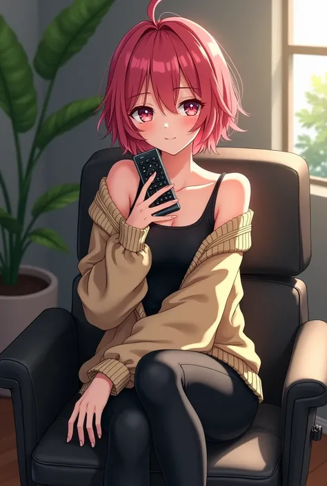 Anime Teenage Woman Has Short, Reddish Hair, with big and expressive eyes of pink color or similar She wears a beige knitted sweater that leaves one shoulder uncovered and has a black leather t-shirt with bare shoulders and black leather pants and black le...