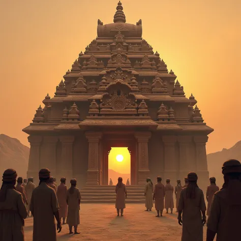 A mysterious and ancient temple in a rural Indian village surrounded by dry desert land, with intricate stone carvings, a faint golden glow emanating from the temple door, and villagers praying outside. The sky is a soft orange with a setting sun. Indian r...