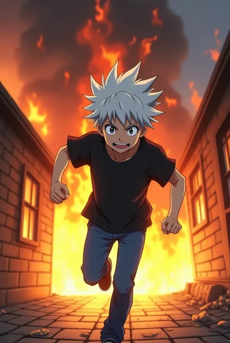 Sexy white haired anime boy wearing black tshirt and blue jeans runs into the burning house