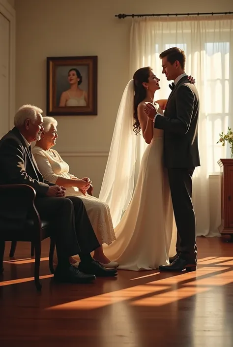  Old couples are sitting and there is a picture on the wall  , young couples  ,  a girl in a wedding dress and a man in a black suit and they are dancing a waltz 