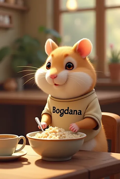 "A cute hamster sitting in a cozy café, eating a bowl of porridge. The hamster is wearing a T-shirt with the name Bogdana written on it. The café setting includes warm lighting, wooden tables, and a peaceful atmosphere. The hamster looks content and focuse...