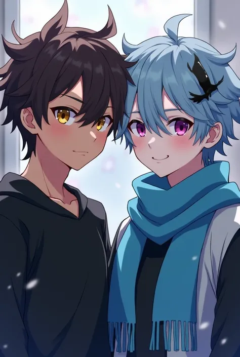 anime boy, dark brown hair color,  tanned skin,  yellow eyes . Con ropa negra junto a un anime boy adolescente, light blue hair and black highlights, purple and pink eyes .   white skin , sky blue scarf,  and light blue and black jacket .