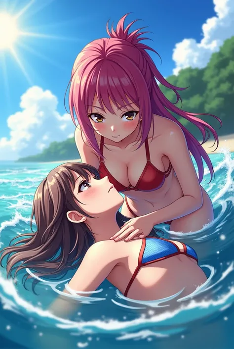 (anime) girl in bikini gives cpr mouth to mouth on an unconscious drowned girl in bikini 