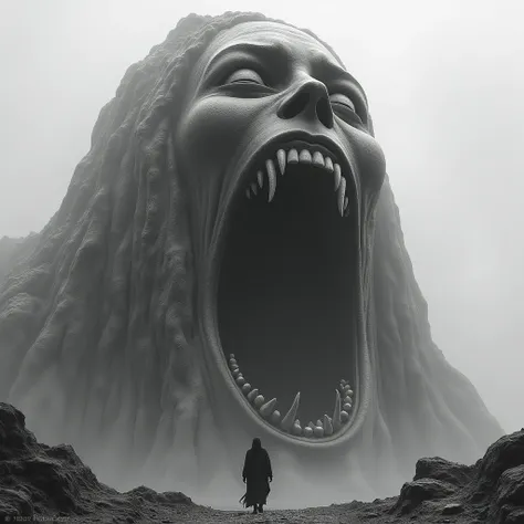 A huge rock woman, Mouth wide on , Creepy Face, realistic, black white picture, 