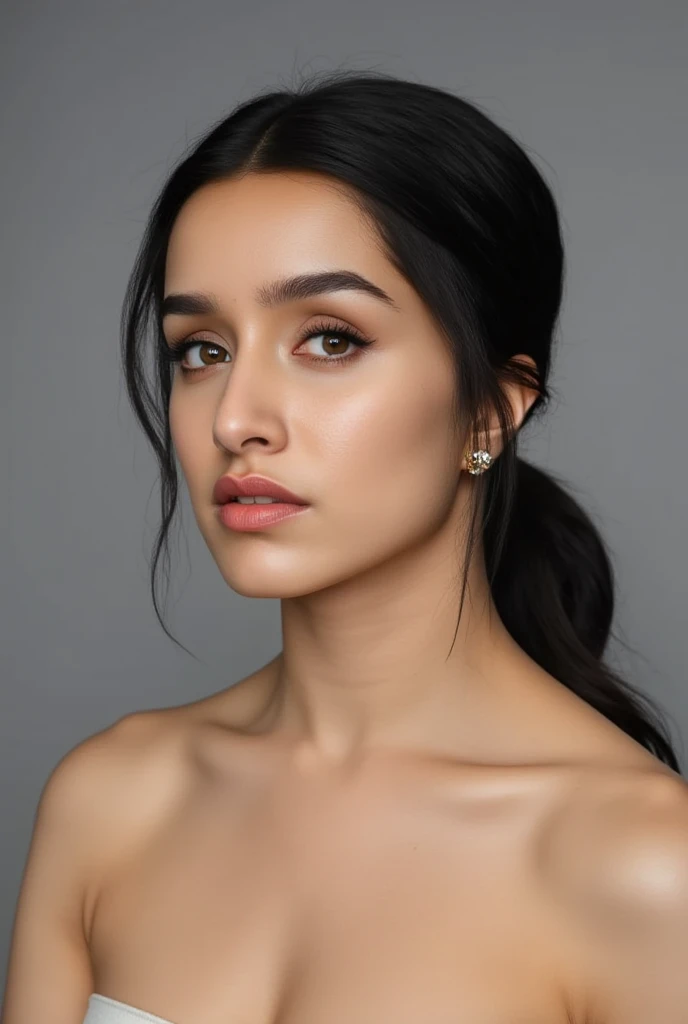 (masterpiece, best quality:1.2), 1girl, solo, Shraddha,1girl, asymmetrical hair, black hair, brown eyes, closed mouth, collarbone, naked, earrings, forehead, grey background,