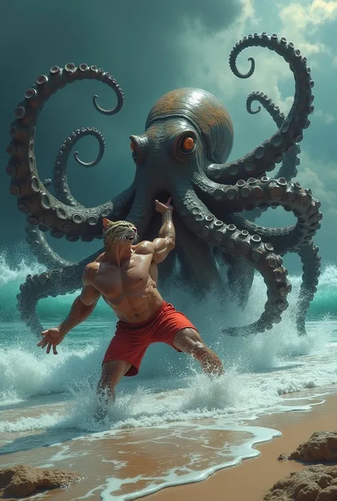 "The scene intensifies as the large octopus, with its glistening tentacles, reaches out from the ocean and grabs the muscular white billa (humanized cat), who is now on the beach. The billa, wearing red shorts, struggles as the octopus wraps its strong ten...