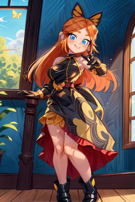 "Masterpiece, best quality, 1 girl, orange long hair, ponytail in hair, blue eyes, standing indoors with intricate details and sunlight. black and yellow frilled dress with short neckline, black gloves, black butterfly belt, earrings, black boots. Sweet sm...