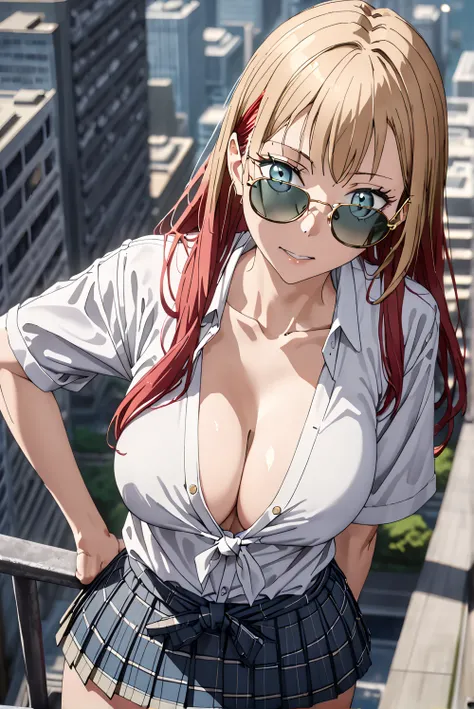 masterpiece, best quality, high quality, detailed, ultra detailed, hyper detailed, exquisite, insanely detailed, beautiful, FHD, Full-HD, 4K, 8k, 16k, highres, absurdres, 1 woman:1.4, ((sunglasses:1.4)), big breast, ((thin khaki hair:1.4, red hair:1.4, gra...