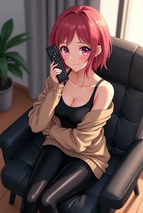 Anime Teenage Woman Has Short, Reddish Hair, with big and expressive eyes of pink color or similar She wears a beige knitted sweater that leaves one shoulder uncovered and has a black leather t-shirt with bare shoulders and black leather pants and black le...